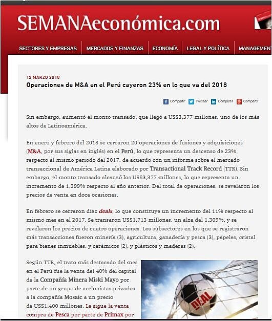 Operaciones de M&A en el Per cayeron 23% en lo que va del 2018
